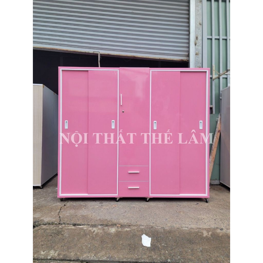 tủ nhựa dài 2m cửa lùa có cánh mở màu Hồng