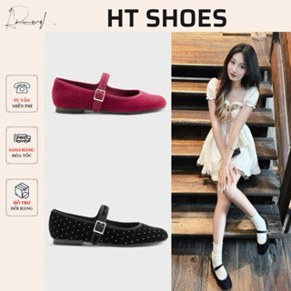  Giày búp bê C mũi tròn phối quai ngang khoá hai màu đế bệt 1cm đơn giản mới Fullbox 8330-5 