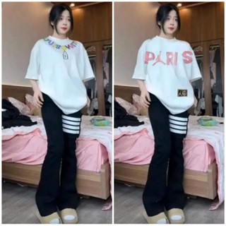 Sét Bộ Nữ Quần Ống Loe Chất Umi Kẻ 4 Vạch + Mix Áo Phông Pari Trắng Hồng Form Rộng