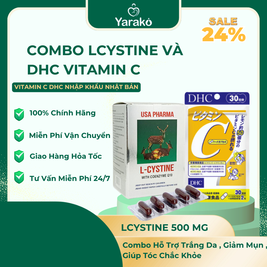 Combo Lcystine 500mg và DHC Vitamin C Hỗ Trợ Trắng Da , Giảm Mụn , Giúp Tóc Chắc Khỏe  Bổ Sung Vitamin C, Coenzym Q10