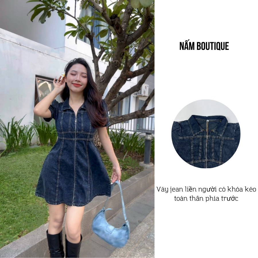 Đầm Jean Dài Tay Lửng Nữ ( Váy Jean Liền Thân ) - Khóa Kéo Trước, Chất Liệu Co Giãn Thoải Mái