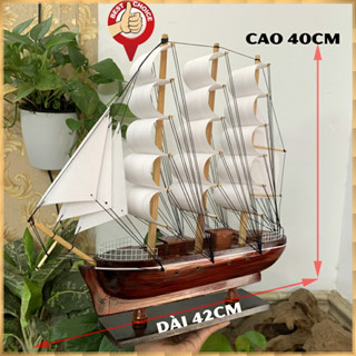 [Lắp ráp sẵn] Mô hình thuyền gỗ trang trí nhà cửa - tàu thuyền chở hàng phong thủy Le Belem - Dài 42cm - Buồm Trắng