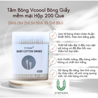 Tăm bông Vcool trẻ em 1 hộp 200 cây , vệ sinh an toàn cho bé cảm giác dễ chịu thoải mái