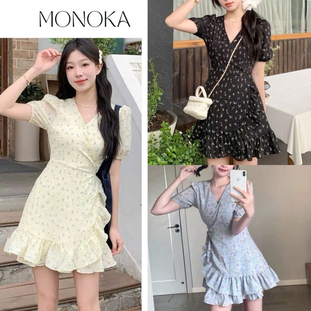 Váy hoa nhí tiểu thư vạt chéo tay bồng viền bèo dáng ngắn tôn eo Đầm bánh bèo nữ tính công sở đi chơi thanh lịch T524G