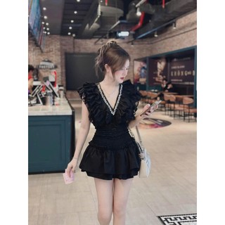 Váy cổ V đính đá tơ phông cánh tiên tiểu thư sang chảnh. Đầm tơ cánh tiên đi chơi đi dự tiệc siêu xịn by Charmie