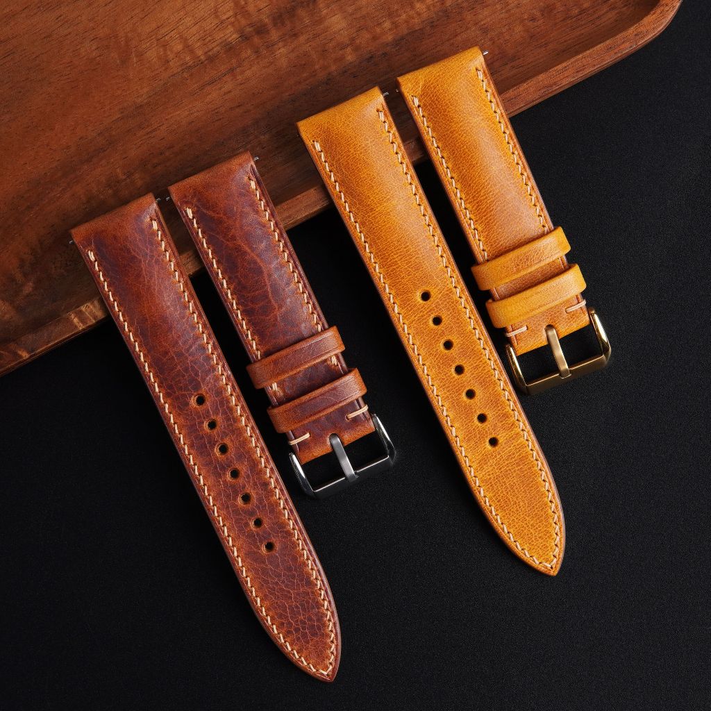 Dây đồng hồ thủ công da thảo mộc Waxy màu nâu đỏ, vàng chốt thông minh dành cho Apple Watch, đồng hồ cơ, pin đủ size W22