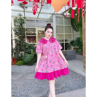 Đầm lụa hoa babydoll tay phồng phối bèo viền 2 màu y hình