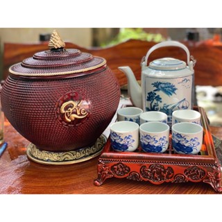 Giỏ ủ ấm tích pha trà xanh trọn bộ, Hàng Bát Tràng bền đẹp, trọn bộ ủ ấm, tích, cốc, khay đựng 1,5L