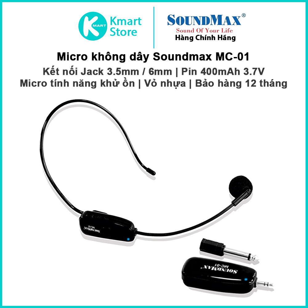 Micro không dây Soundmax MC-01 | Kết nối Jack 3.5mm / 6mm | Pin 400mAh sử dụng trên 4h | Bảo hành 1 năm