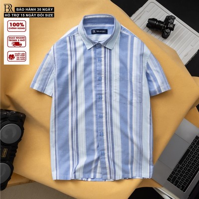 Áo sơ mi nam tay ngắn, sơ mi sọc, ford cotton vạt ngang mềm mịn thoáng mát, form regular - Bravery