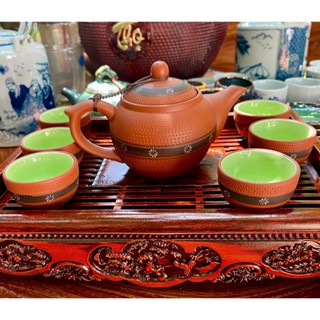 Bộ ấm chén uống trà Ganh đỏ, Ấm có màng lọc trà, Hàng Bát Tràng bền đẹp 350ml, tặng kèm khay đựng