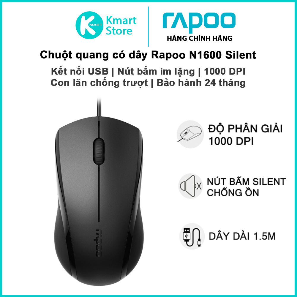 Chuột quang có dây Rapoo N1600 / N1200 Silent | Nút bấm im lặng | Dây dài 1.5M | 1000DPI | Bảo hành 