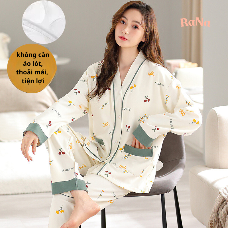 Quần áo mặc nhà, mặc ngủ Dài Tay Có Miếng Đệm Lót Ngực Chất vải dày vừa Giữ ấm thoải mái RaNa