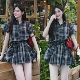 Set Váy Cổ Sơ Mi Kèm Dây Đai Kẻ Caro Dáng Bí Phồng Có Quần Bảo Hộ Rời Siêu Xinh