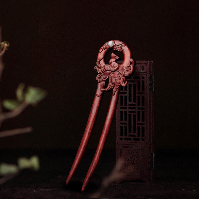 Trâm cài tóc chữ U Hồ ly 9 đuôi Cửu vĩ hồ bái Nguyệt bằng gỗ