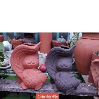 Chậu thú đất nung - chậu mèo ôm cá