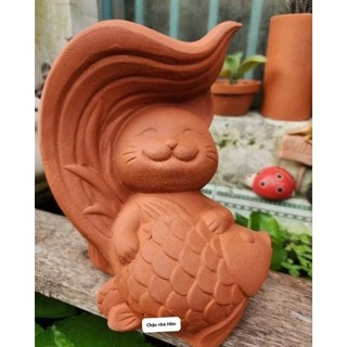 Chậu thú đất nung - chậu mèo ôm cá