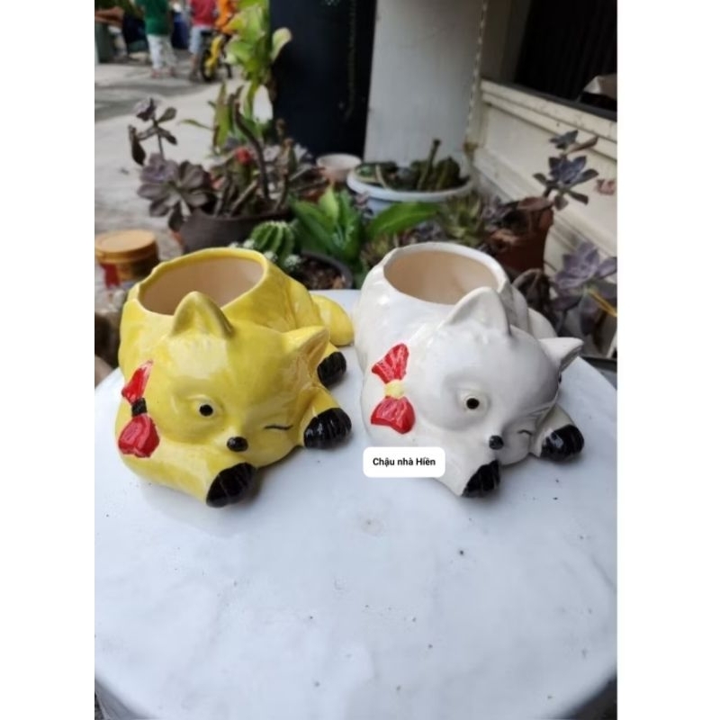 Chậu thú đất nung - chậu mèo tráng men