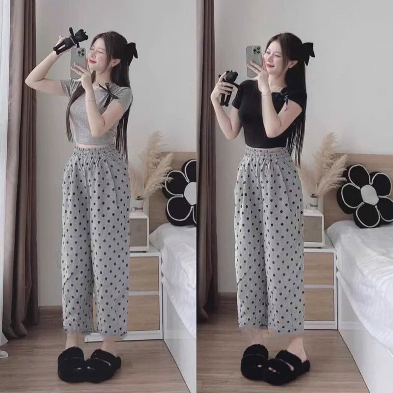 Set áo body chất tăm zip chéo cổ thắt nơ mix quần chấm bi chân bèo nhún basic dễ phối đồ bon001