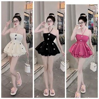 Set đồ nữ áo kiểu cổ yếm nhún đính nơ mix quần bí phong cách dễ thương 1991x shop