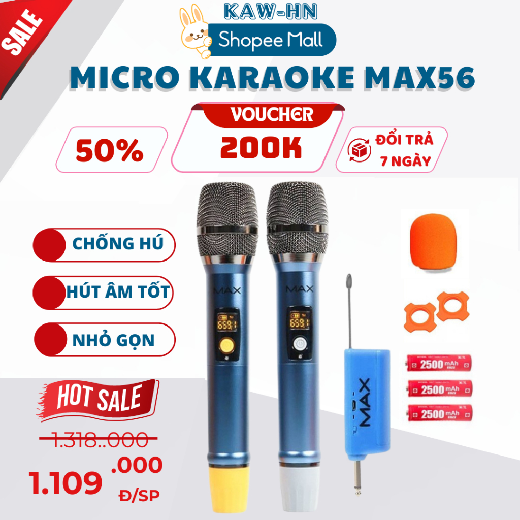Micro không dây đa năng MAX 56 thế hệ mới, hát nhạy, Hút âm tốt , Chống hú rít, Tích hợp cổng sạc, T