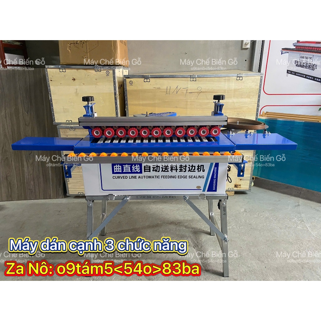 Máy dán cạnh DW590 3 chức năng  ( dán, cắt chỉ khi hết ván, tự động đẩy phôi. Dán thẳng, cong, vát 45 )