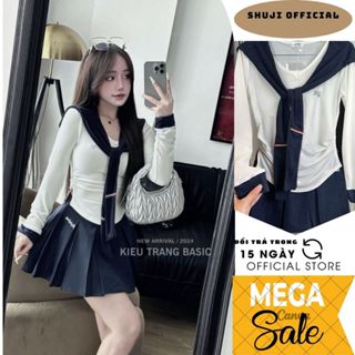 set bộ nữ SHUJI OFFICIAL áo len tăm dài tay mix chân váy thô xếp ly kèm khăn len thủy thủ buộc vạt , có quần lót trong