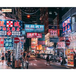 Tranh lụa 3d Hồng Kông Đường Phố trang trí quán lẩu, nướng tặng keo dụng cụ dán