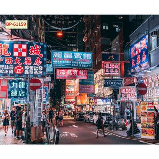 Tranh lụa 3d Hồng Kông Đường Phố trang trí quán lẩu, nướng tặng keo dụng cụ dán
