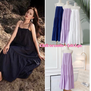 Váy thiết kế, Váy maxi 2 dây nút bọc đi biển du lịch, Váy babydoll,Đầm maxi 2 dây tầng nút bọc 3 màu[Váy bầu mặc okii]