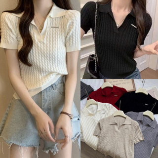 Áo len mongtoghi cổ chữ V đính tag kim loại, áo polo họa tiết xoắn thừng Renee Store - AL2192