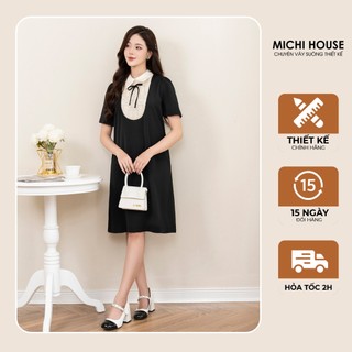 Đầm Suông MICHI House Váy Xuông Công Sở Dự Tiệc Màu Đen Cổ Yếm Trắng Bigsize V742