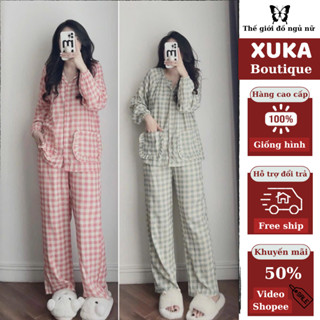 Bộ ngủ dài tay nữ, bộ pijama nữ cao cấp chất cotton đũi họa tiết hoa siêu xinh XUKA BOUTIQUE hcom3008