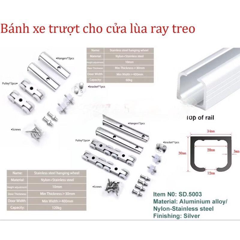 Bộ phụ kiện bánh xe cửa lùa ray treo chất liệu inox 304