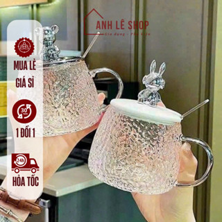  Ly Thủy Tinh Nắp Gấu Kèm Thìa Bầu Đáng Yêu 