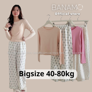 Set dài tay nữ BIGSIZE Banamo Fashion áo dài tay ôm body cổ tròn phối quần hoa viền ren 1202