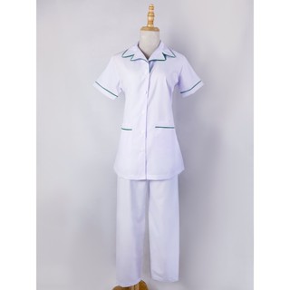 Áo blouse trắng nữ tay ngắn lé Xanh thân ngắn có xẻ tà cho nhà thuốc, dược sĩ, y tá, điều điều dưỡng