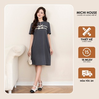 Đầm suông MICHI House Váy Xuông Cổ Tròn Thêu Nơ Màu Ghi Xám Dáng Dài Đến Gối Bigsize V743