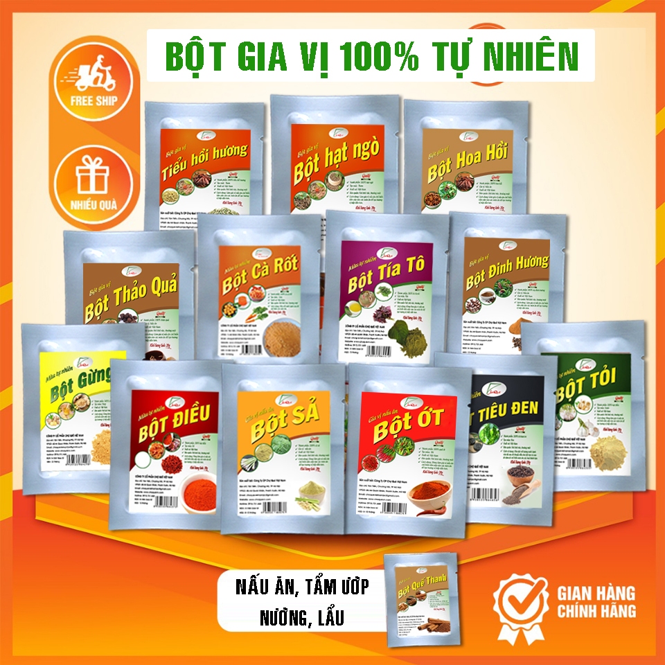Bột gia vị gói 20gr ( bột gừng, tỏi, ớt, điều, sả, bột riềng, bột nghệ, hành) bột rau củ quả tạo màu