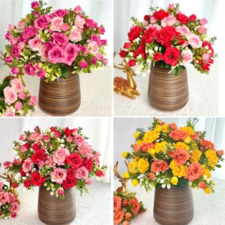 Combo 5 Cành Hoa Hồng Pháp + Bình gốm Bát Tràng - hoa giả, hoa cao 30cm 5 Nhánh, Trang Trí Nhà Cửa, Decor