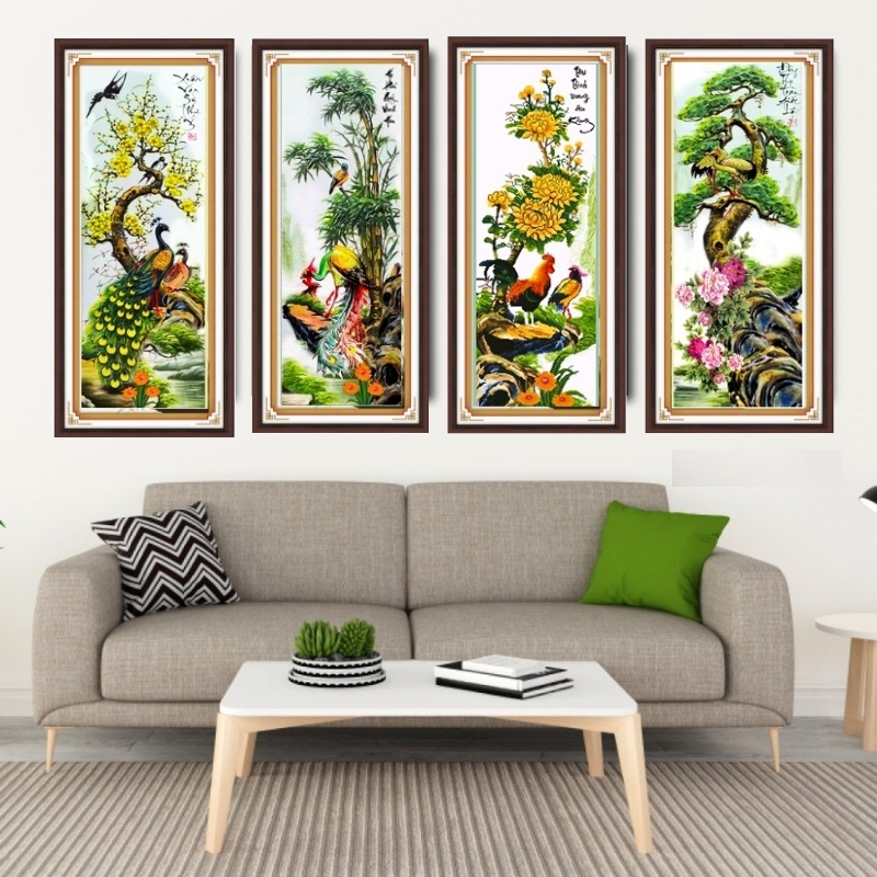 Tranh thêu tứ quý xuân hạ thu đông KT:150x100cm, tranh chưa thêu và chưa khung