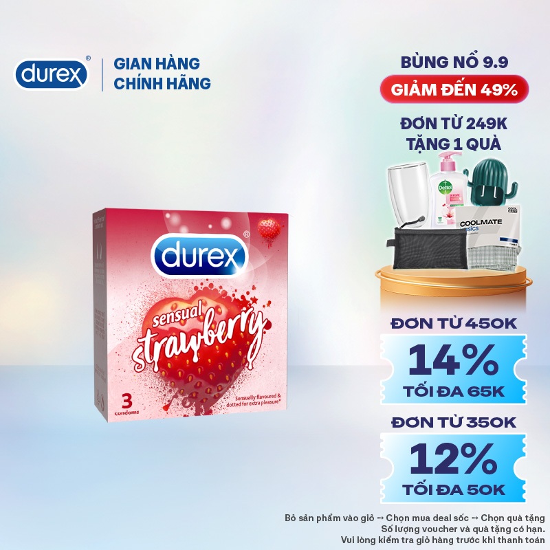 Bao cao su Durex Sensual Strawberry hương dâu (size 53mm, 3 bao/hộp)