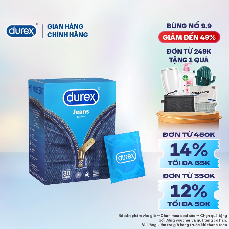 Bao cao su Durex Jeans cơ bản, bôi trơn, size 52.5mm, hộp 30 bao