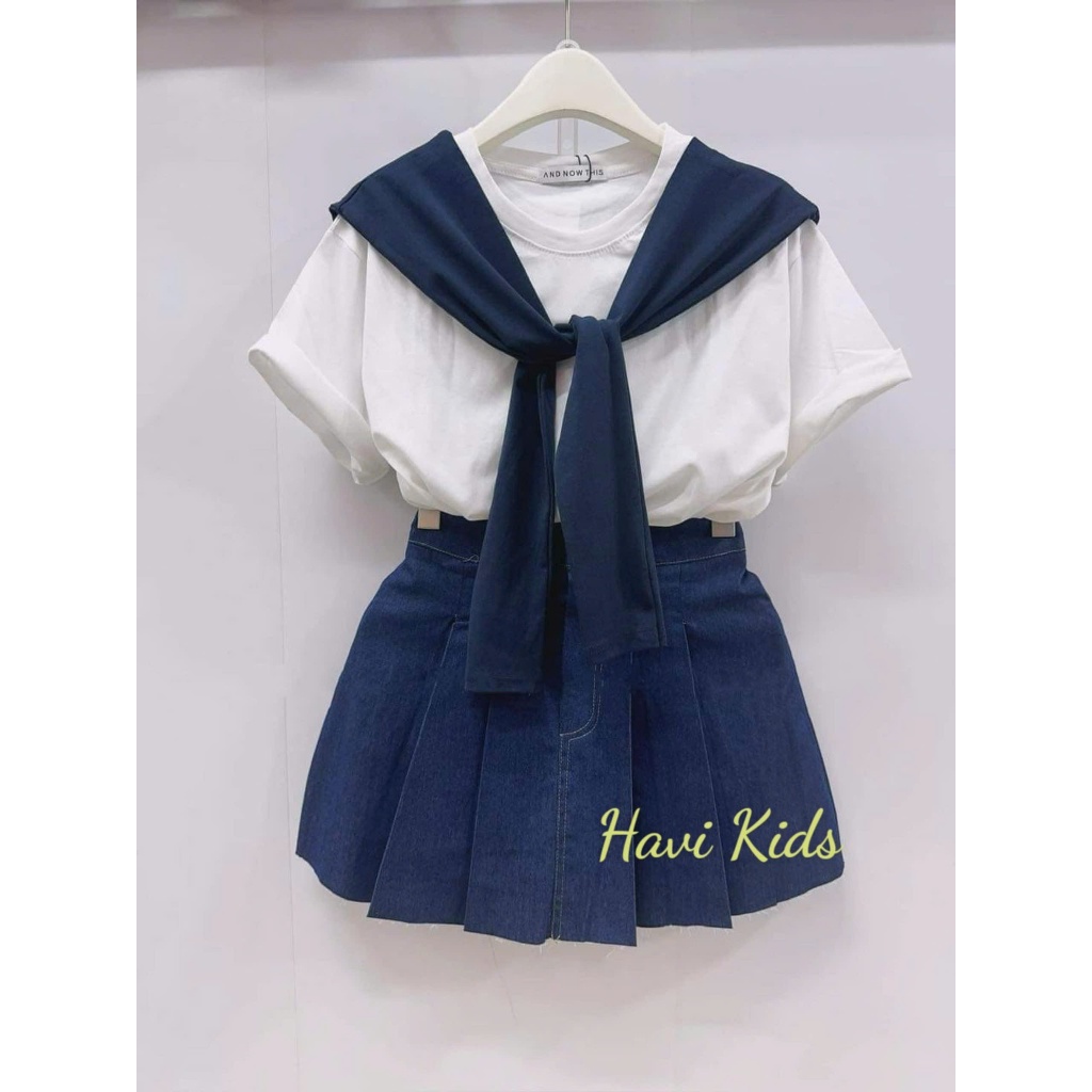  Sét bé gái áo phông trơn kèm chân váy jean xếp li 3 món kèm khăn rời cho mẹ và bé 12-60kg sét đồ đi chơi du lịch dự tiệc 