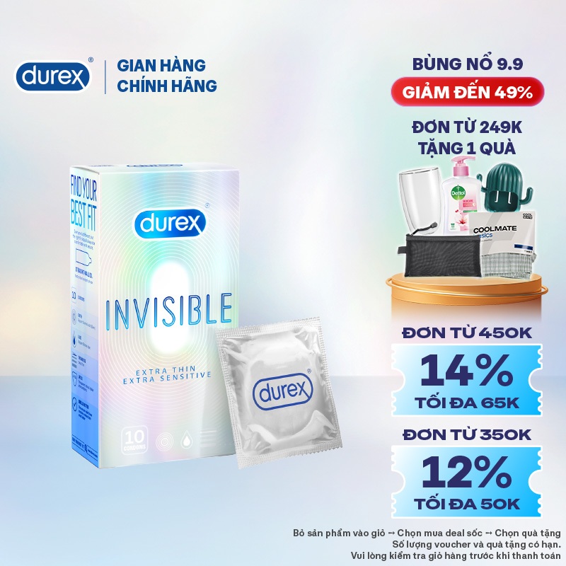Bao cao su Durex Invisible siêu mỏng size 52mm, hộp 10 bao