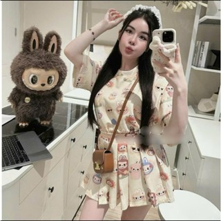  Sét váy thời trang nữ sét váy in 3d LABUBU áo tay lỡ from rộng phối chân váy ngắn xếp ly có lót trong 2 màu siêu xinh 