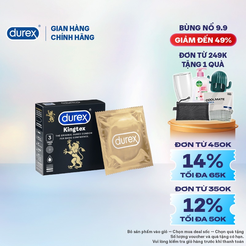 Bao cao su Durex Kingtex ôm sát, bôi trơn, size 49mm, hộp 3 bao