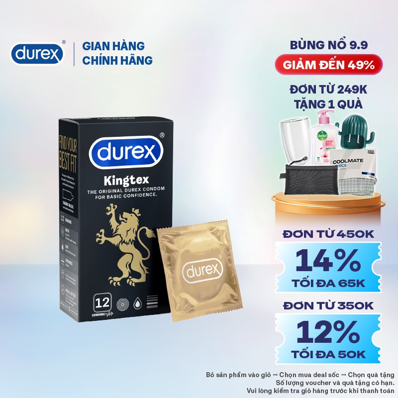 Bao cao su Durex Kingtex ôm sát, bôi trơn, size 49mm, hộp 12 bao