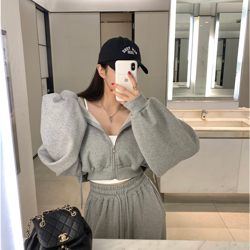 Áo Khoác Nỉ Croptop Mũ Siêu To, Áo Hoodie Zip Dày Dặn Form Rộng Hàn Quốc, Áo Dáng Ngắn Siêu Xinh Chất Nỉ Hàn A004
