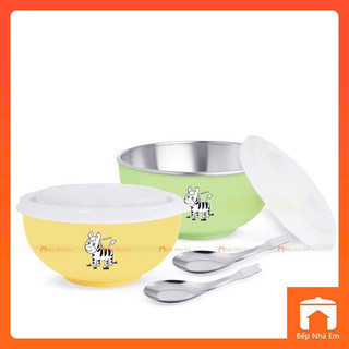 Bộ chén trẻ em zebra kiddy 2 lớp inox 304 nắp nhựa và muỗng - hàng nhâp khẩu thái lan